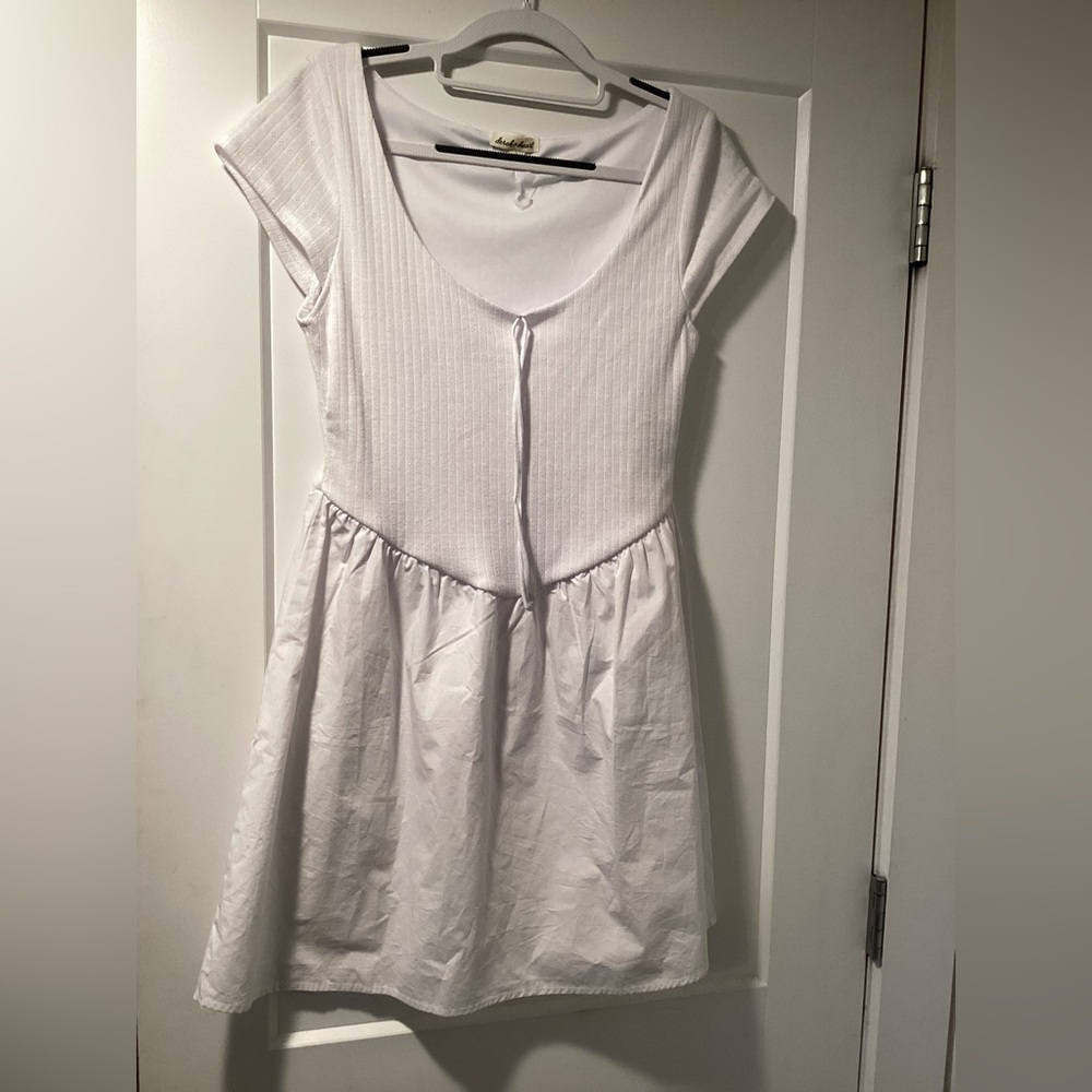 Derek Heart White Babydoll Mini Dress Size L Ribbed Pointelle Cap Sleeve NWOT